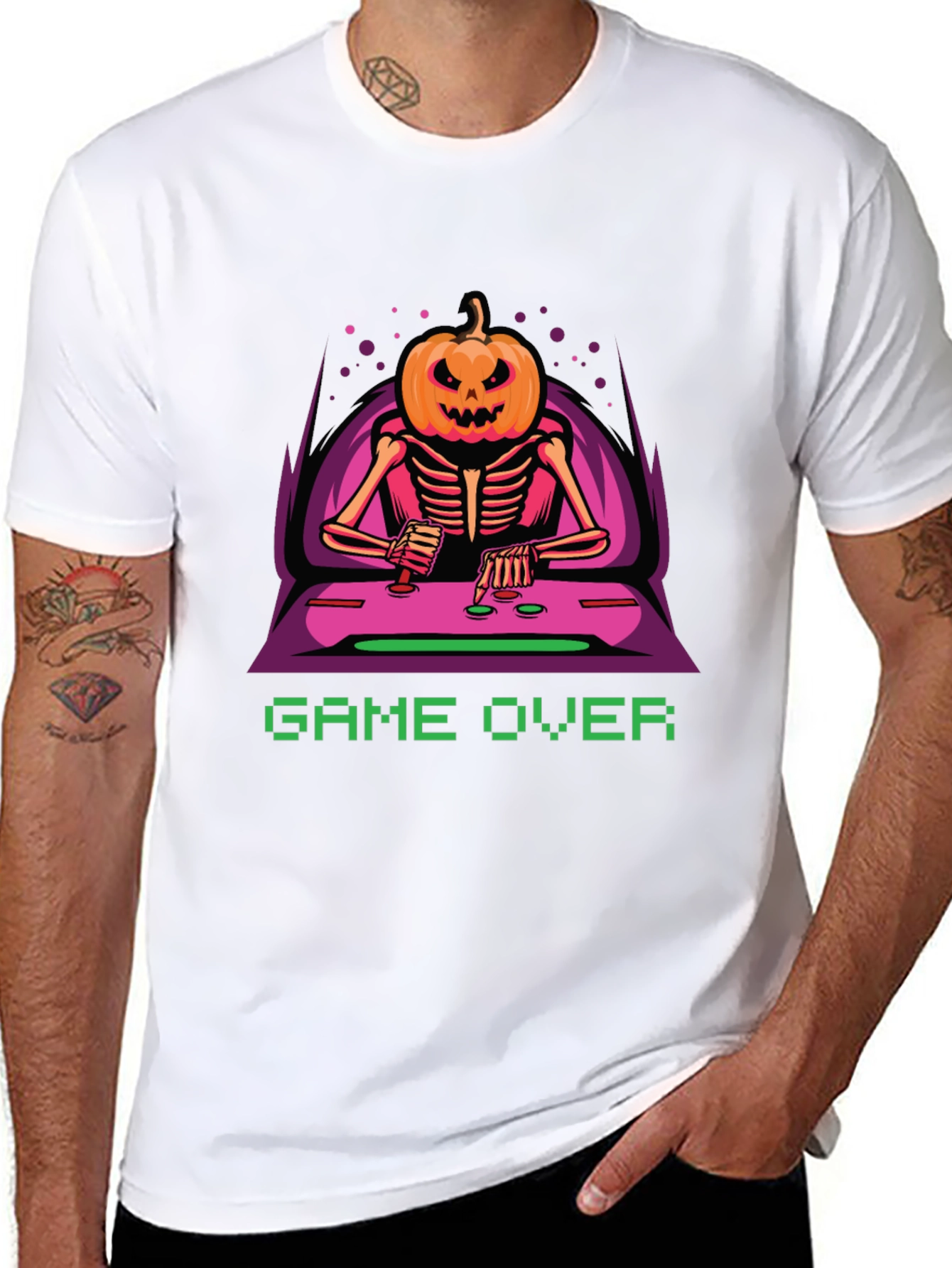 Game Over Pumpkin Skeleton Graphic Tee