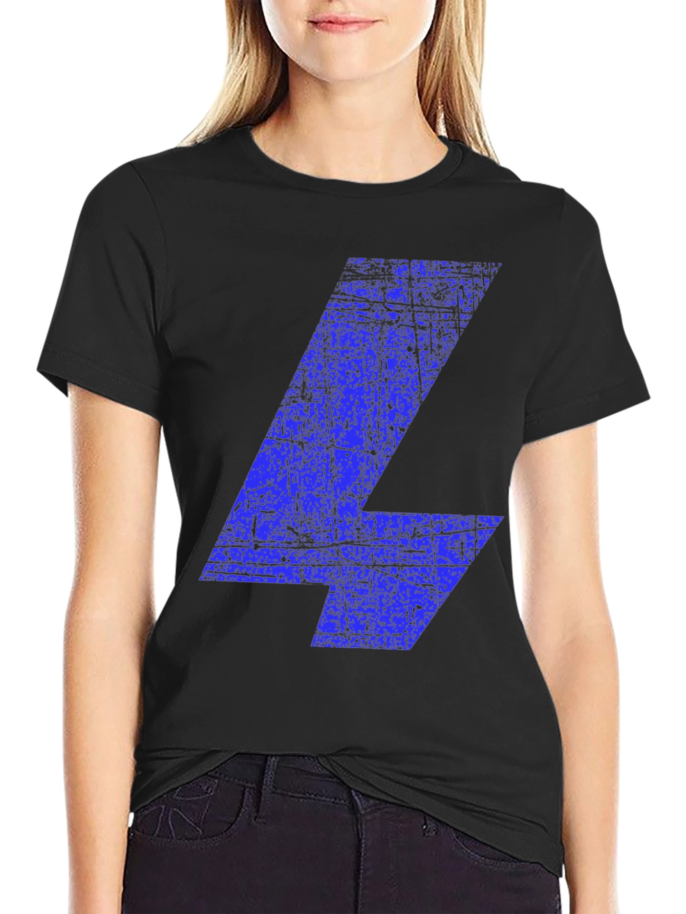 Blue Distressed Lightning Bolt Graphic Tee - Black