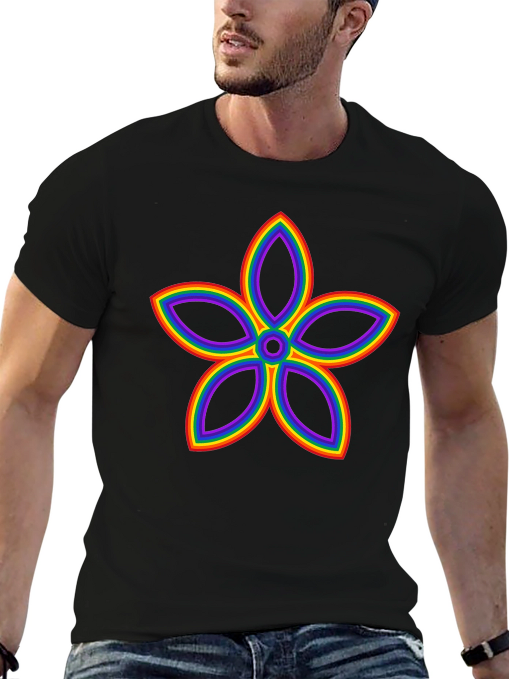Rainbow Flower Graphic Black T-Shirt