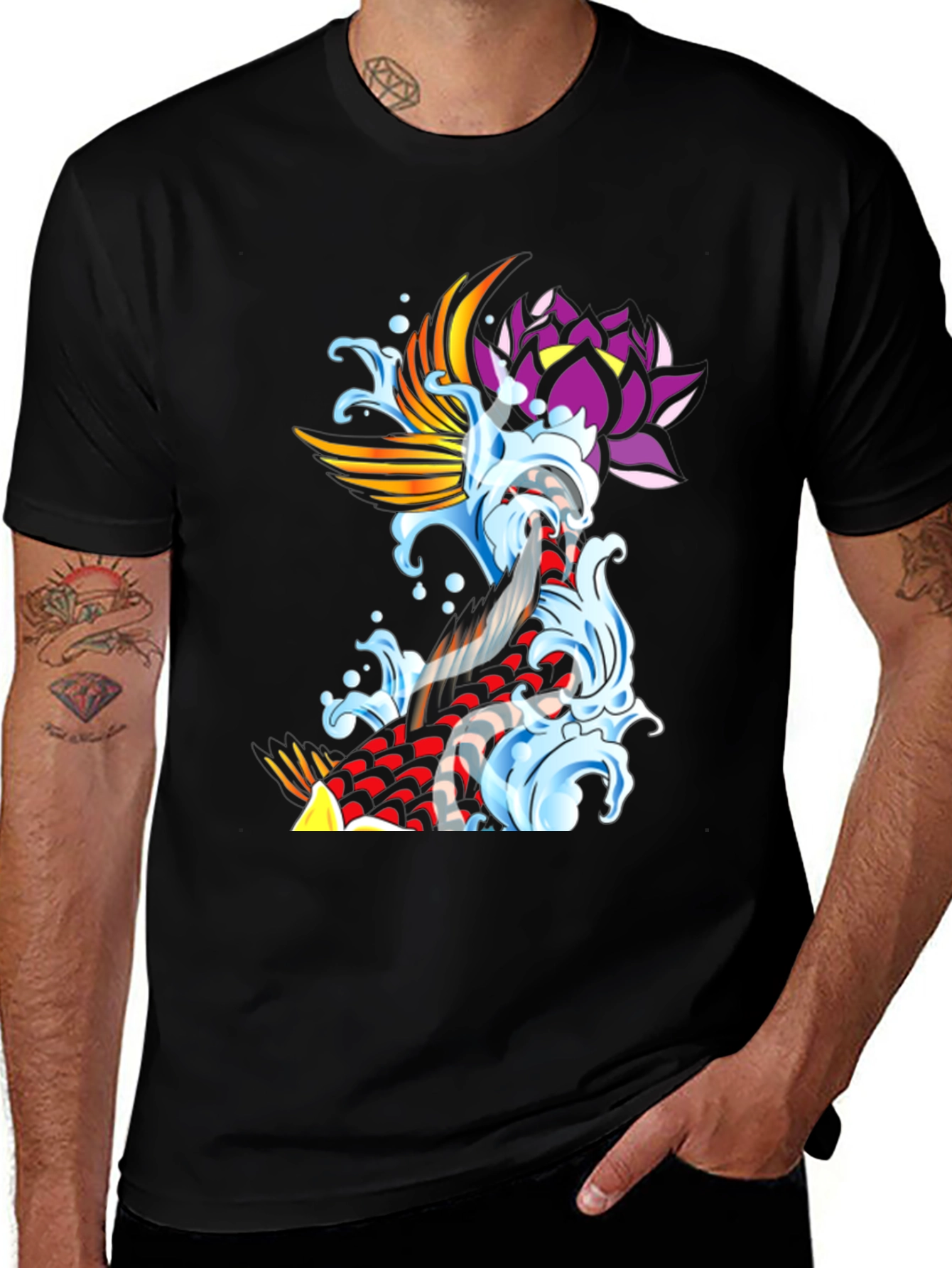 Koi Fish & Lotus Black Graphic Tee