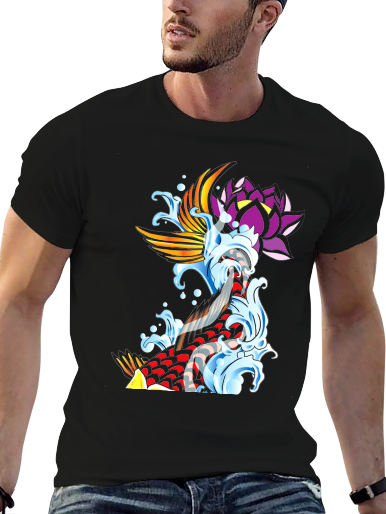 Koi Fish & Lotus Black Graphic Tee
