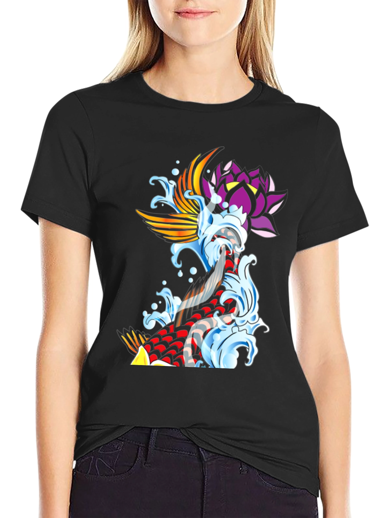 Koi Fish & Lotus Black Graphic Tee