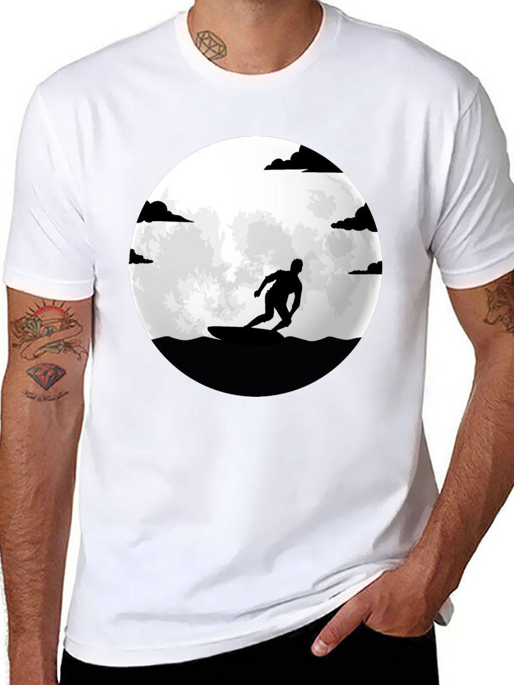 Surfer Silhouette Tee - Moonlit Waves Graphic T-Shirt