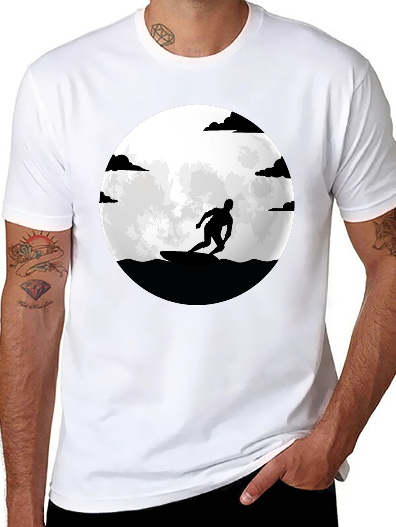 Surfer Silhouette Tee - Moonlit Waves Graphic T-Shirt
