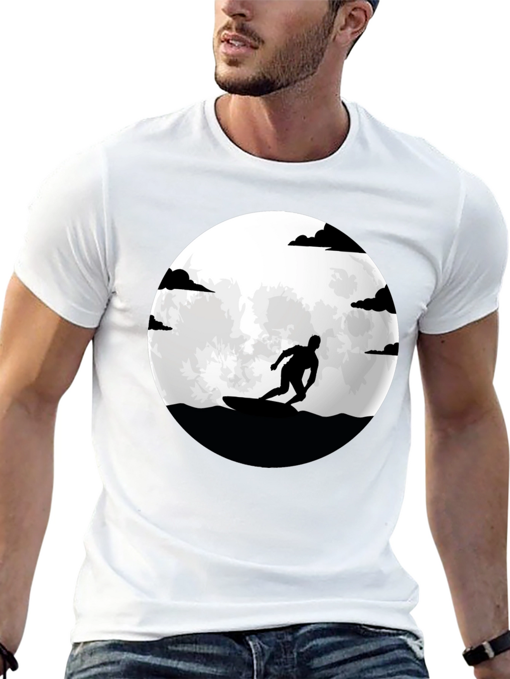Surfer Silhouette Tee - Moonlit Waves Graphic T-Shirt