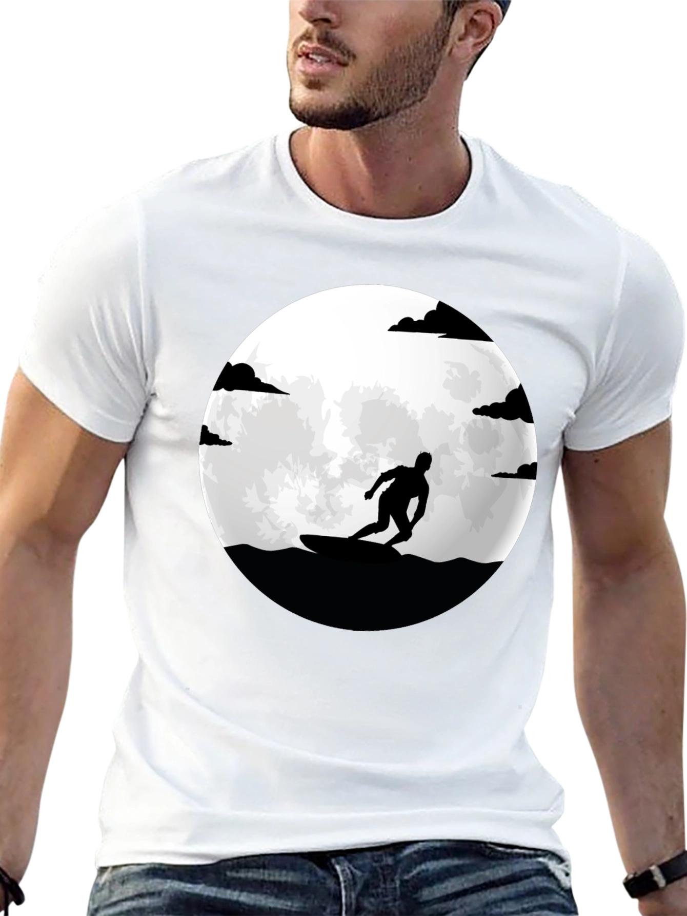 Surfer Silhouette Tee - Moonlit Waves Graphic T-Shirt