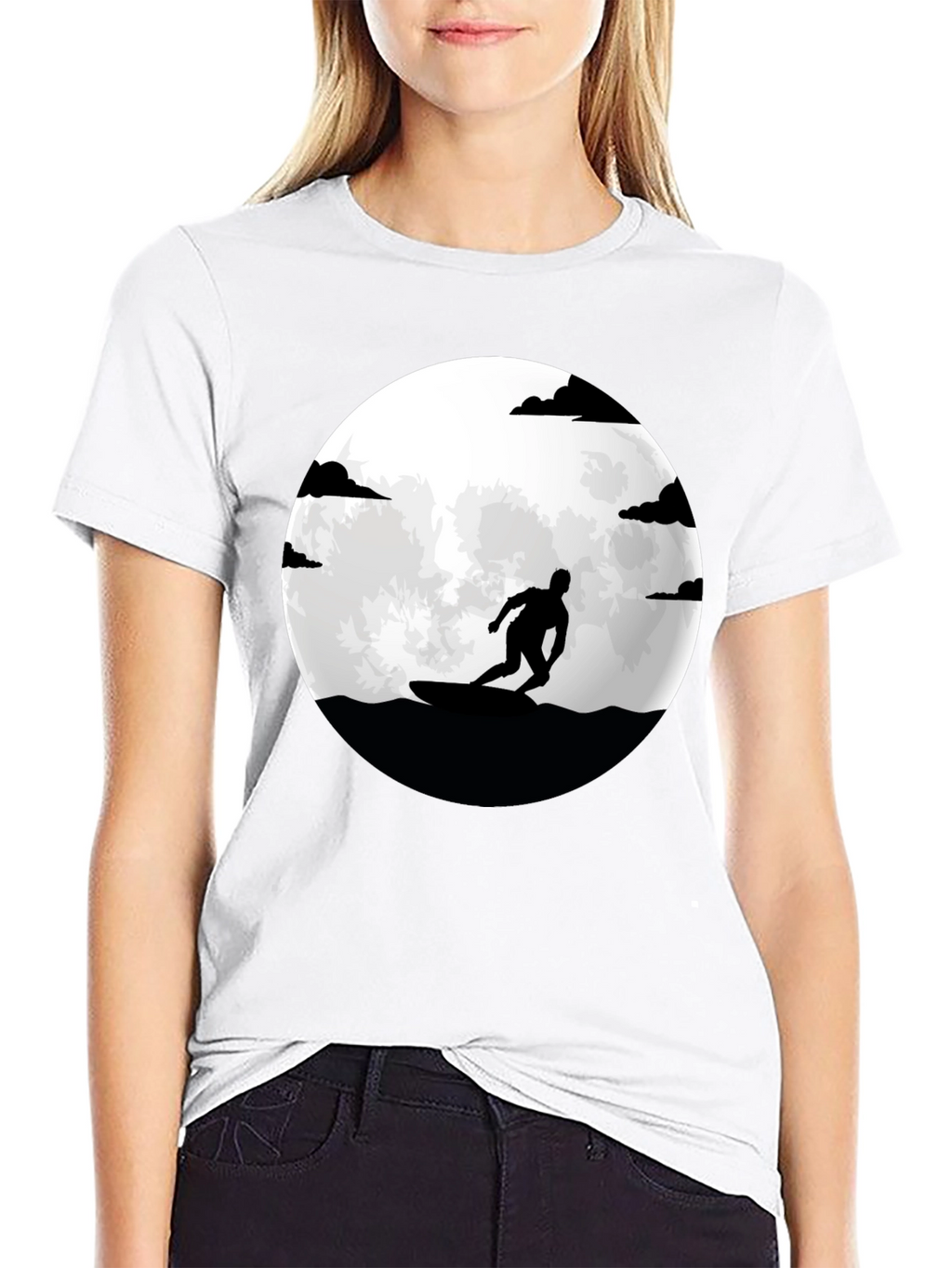 Surfer Silhouette Tee - Moonlit Waves Graphic T-Shirt