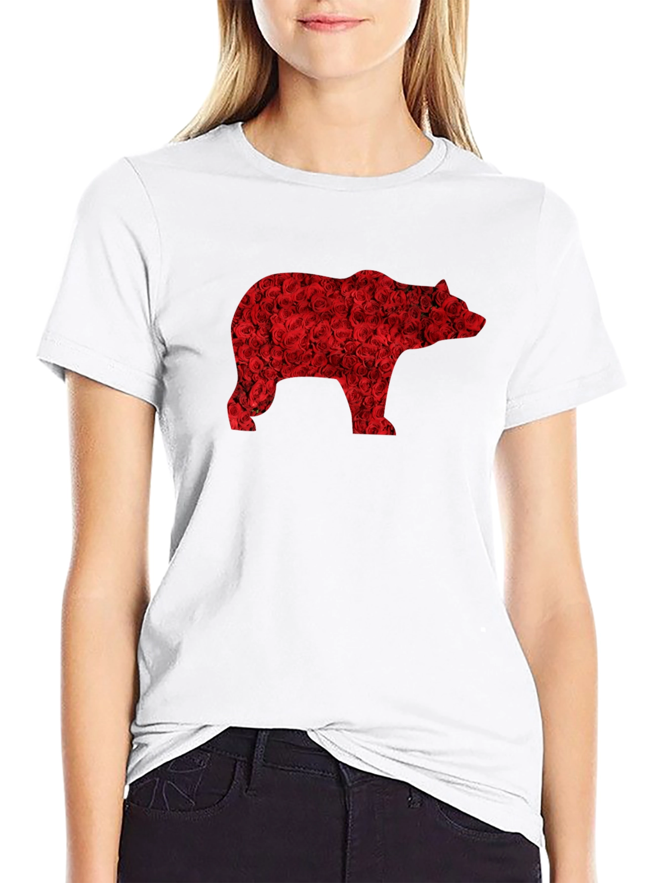 Floral Bear Graphic Tee - Black Casual T-Shirt