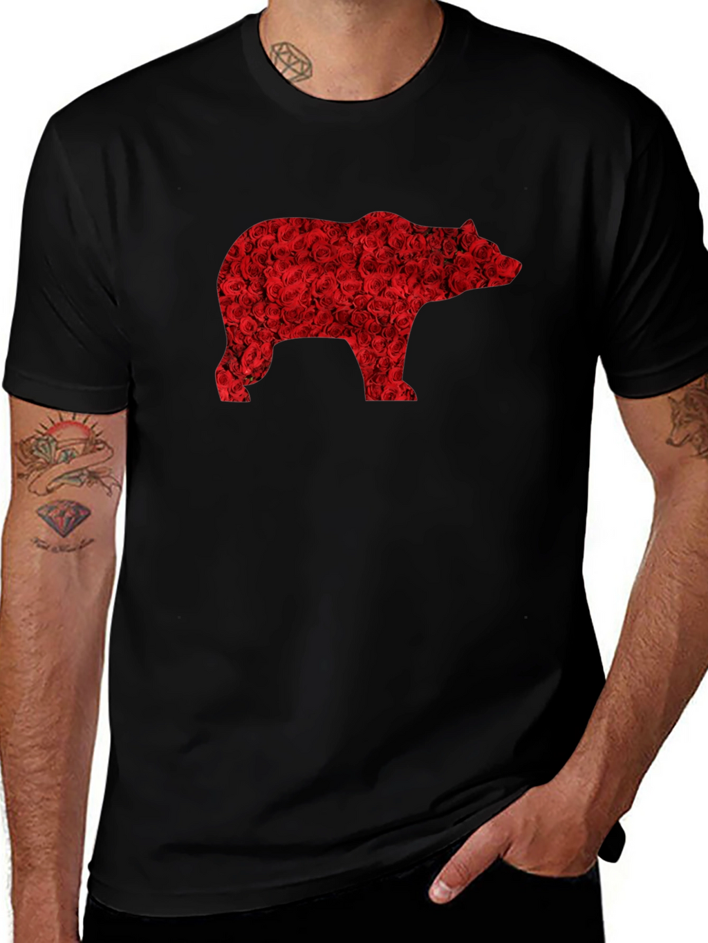Floral Bear Graphic Tee - Black Casual T-Shirt