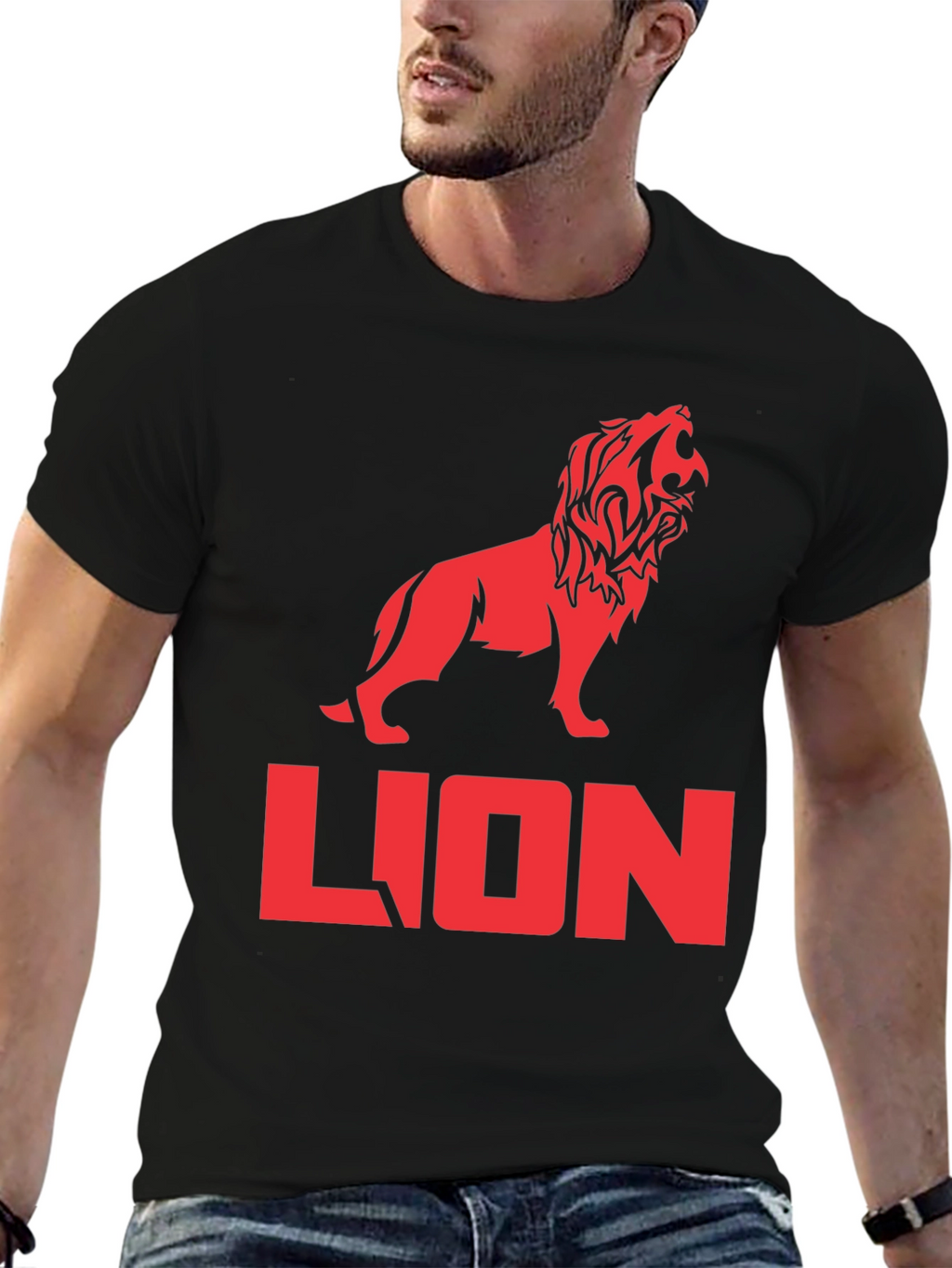 Lion Graphic Tee - Bold Red Print on Black