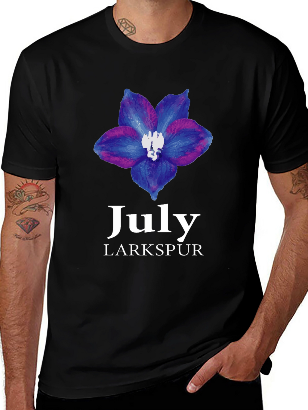 July Larkspur Flower Black T-Shirt