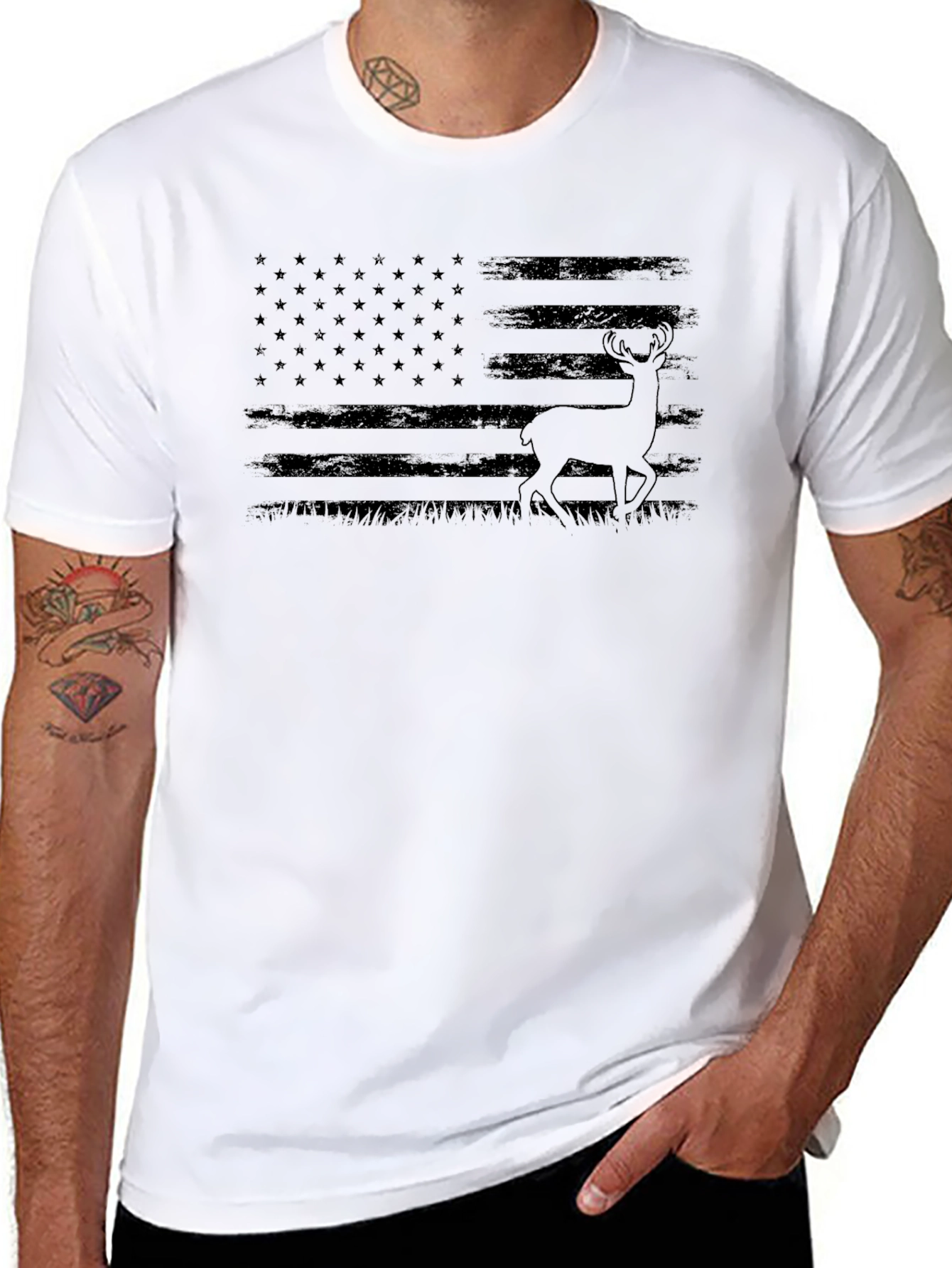 American Flag Deer Black T-Shirt