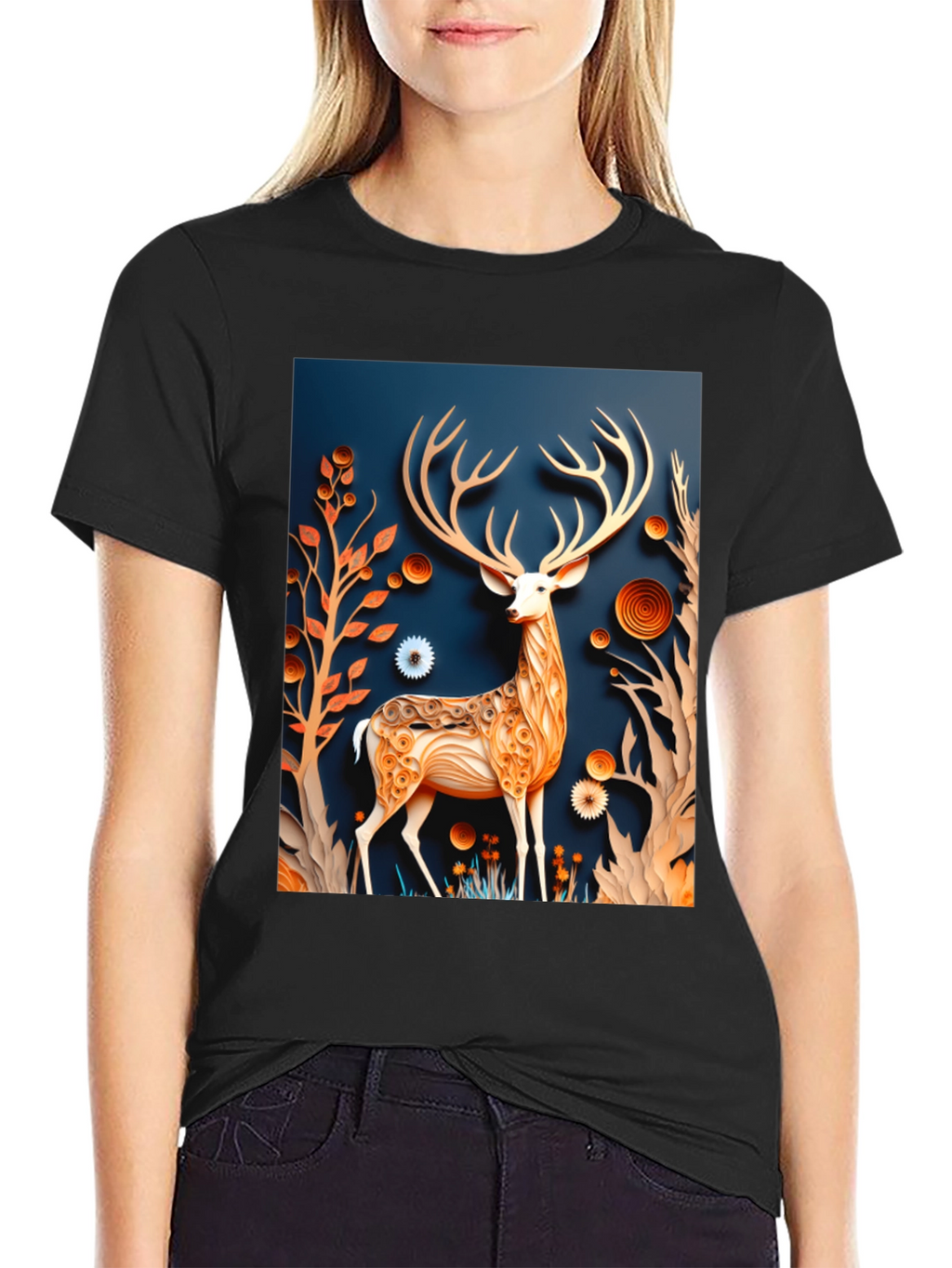 Stylish Deer Graphic Black T-Shirt