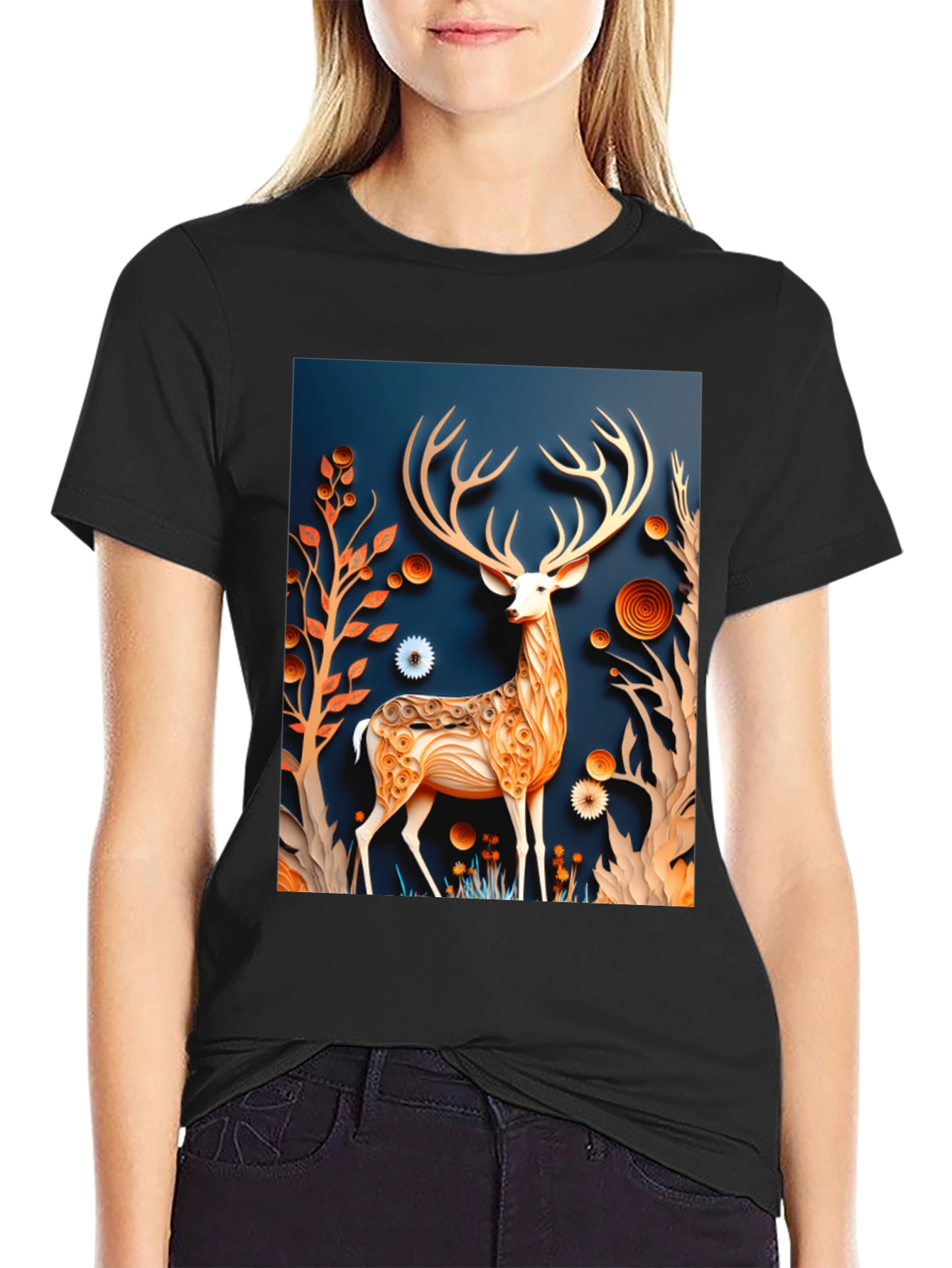 Stylish Deer Graphic Black T-Shirt