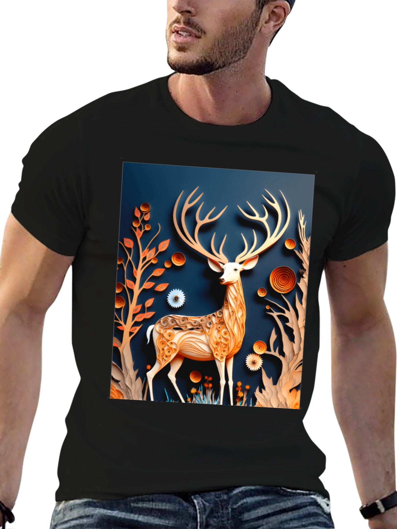 Stylish Deer Graphic Black T-Shirt
