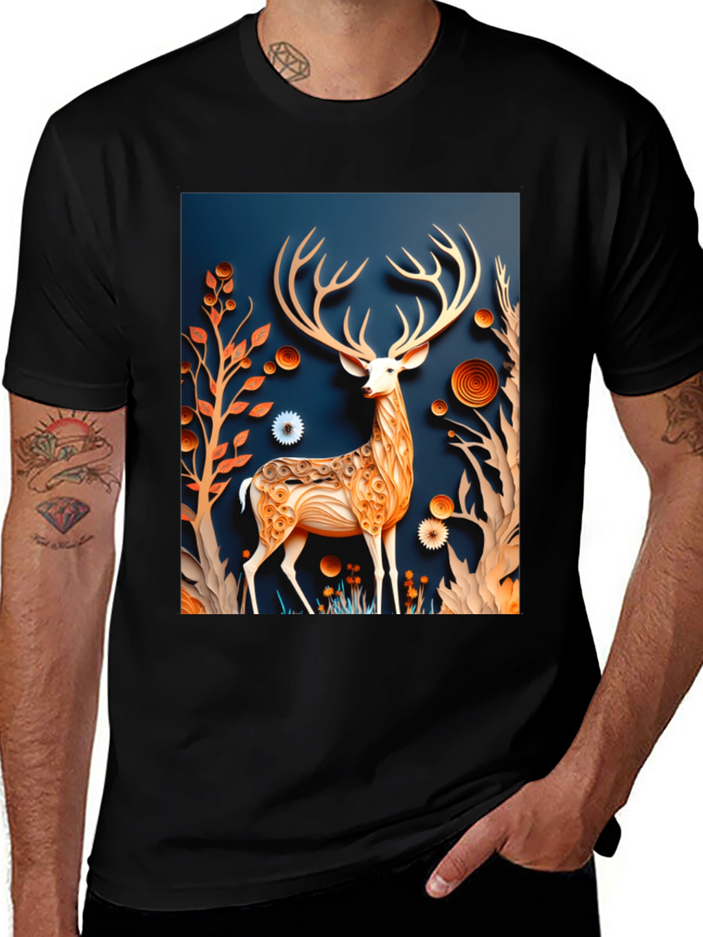 Stylish Deer Graphic Black T-Shirt