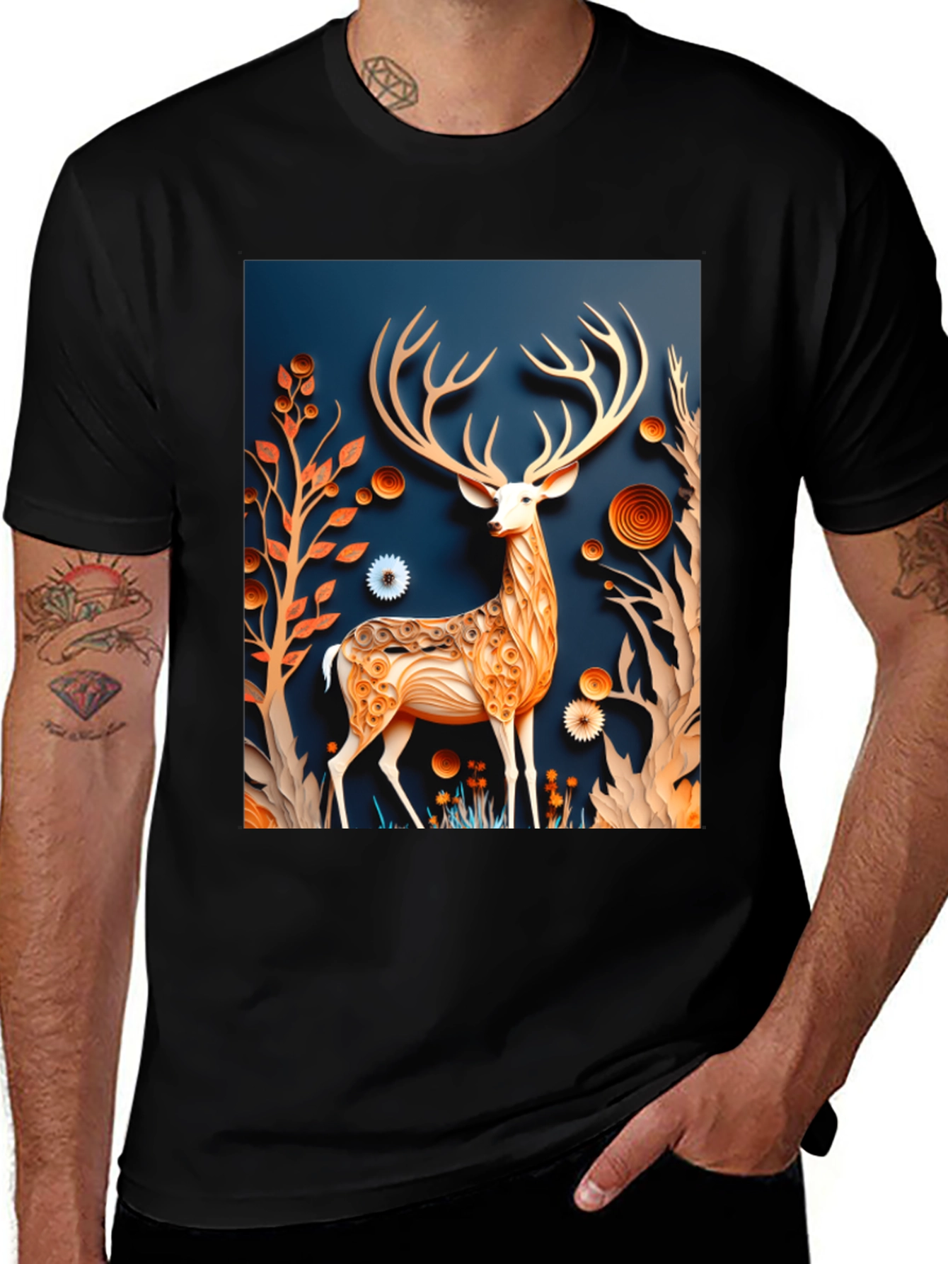 Stylish Deer Graphic Black T-Shirt