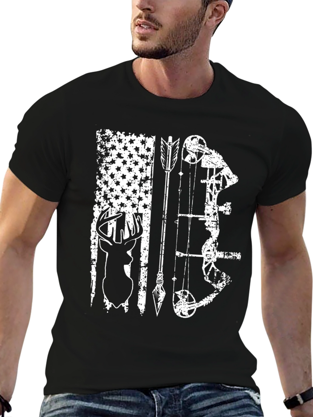 Hunting Bow Arrow Deer Black T-Shirt