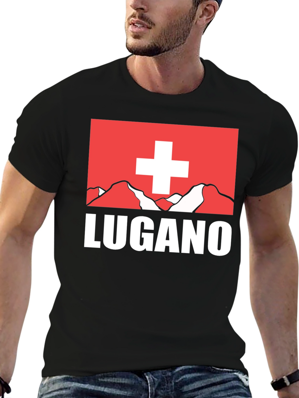 Lugano Swiss Flag Graphic Tee - Black