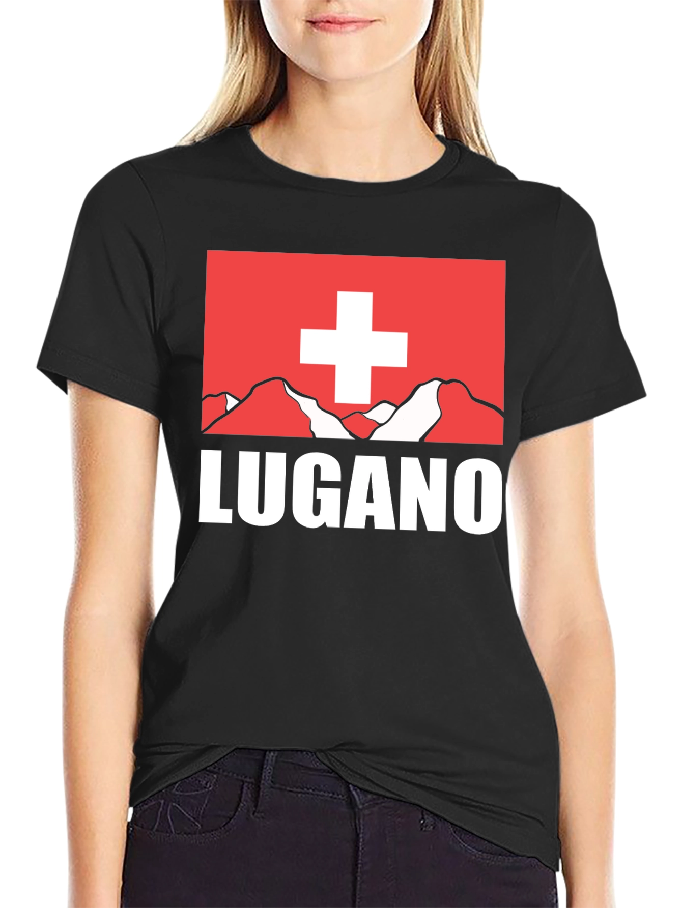 Lugano Swiss Flag Graphic Tee - Black