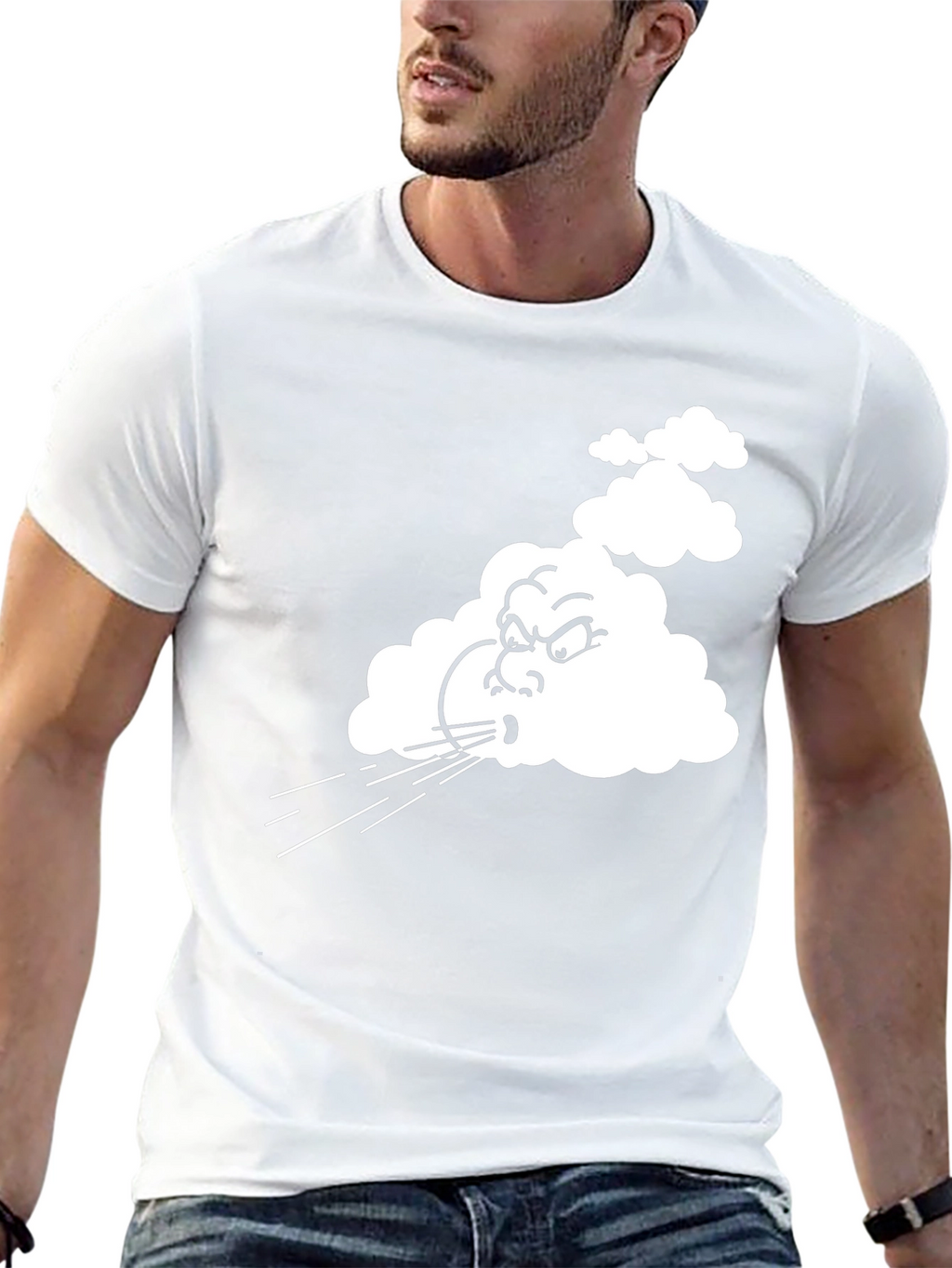Mens Black T-Shirt with Cartoon Blowing Wind Graphic