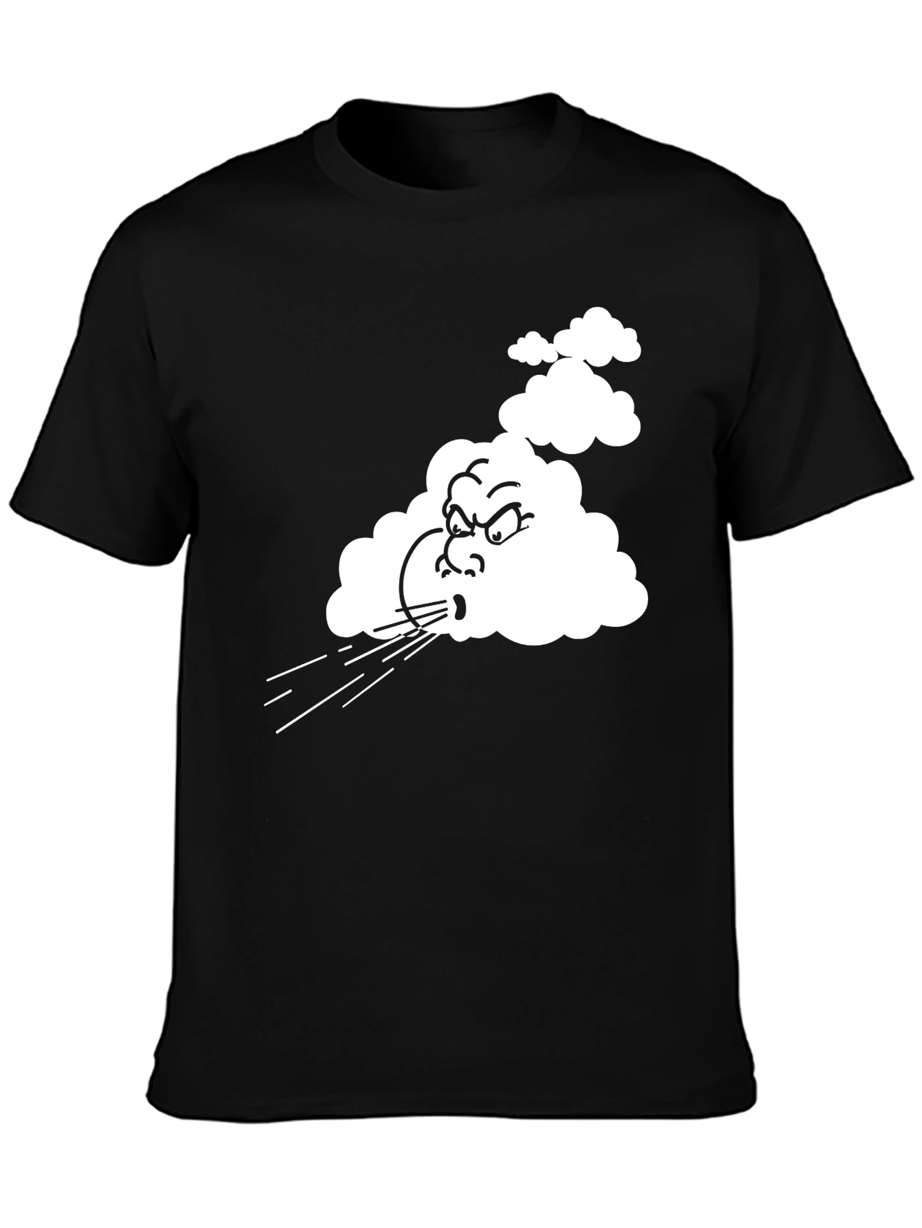 Mens Black T-Shirt with Cartoon Blowing Wind Graphic