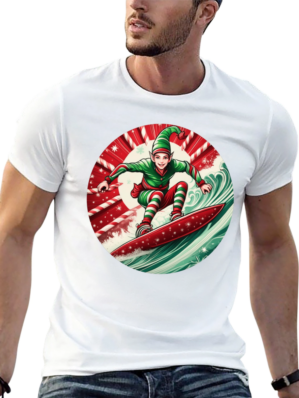 Christmas Elf Surfing T-Shirt Holiday Festive Tee