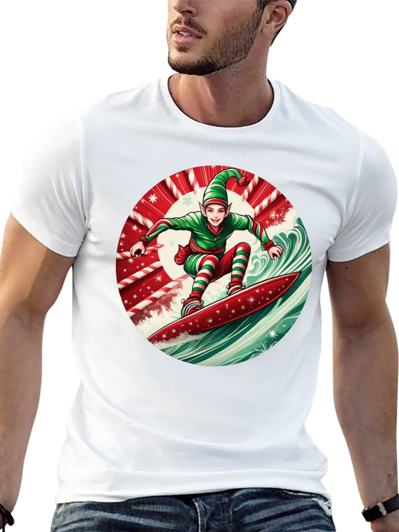 Christmas Elf Surfing T-Shirt Holiday Festive Tee