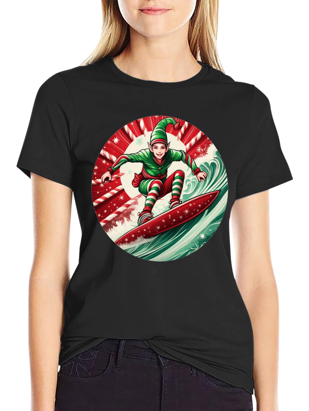 Christmas Elf Surfing T-Shirt Holiday Festive Tee