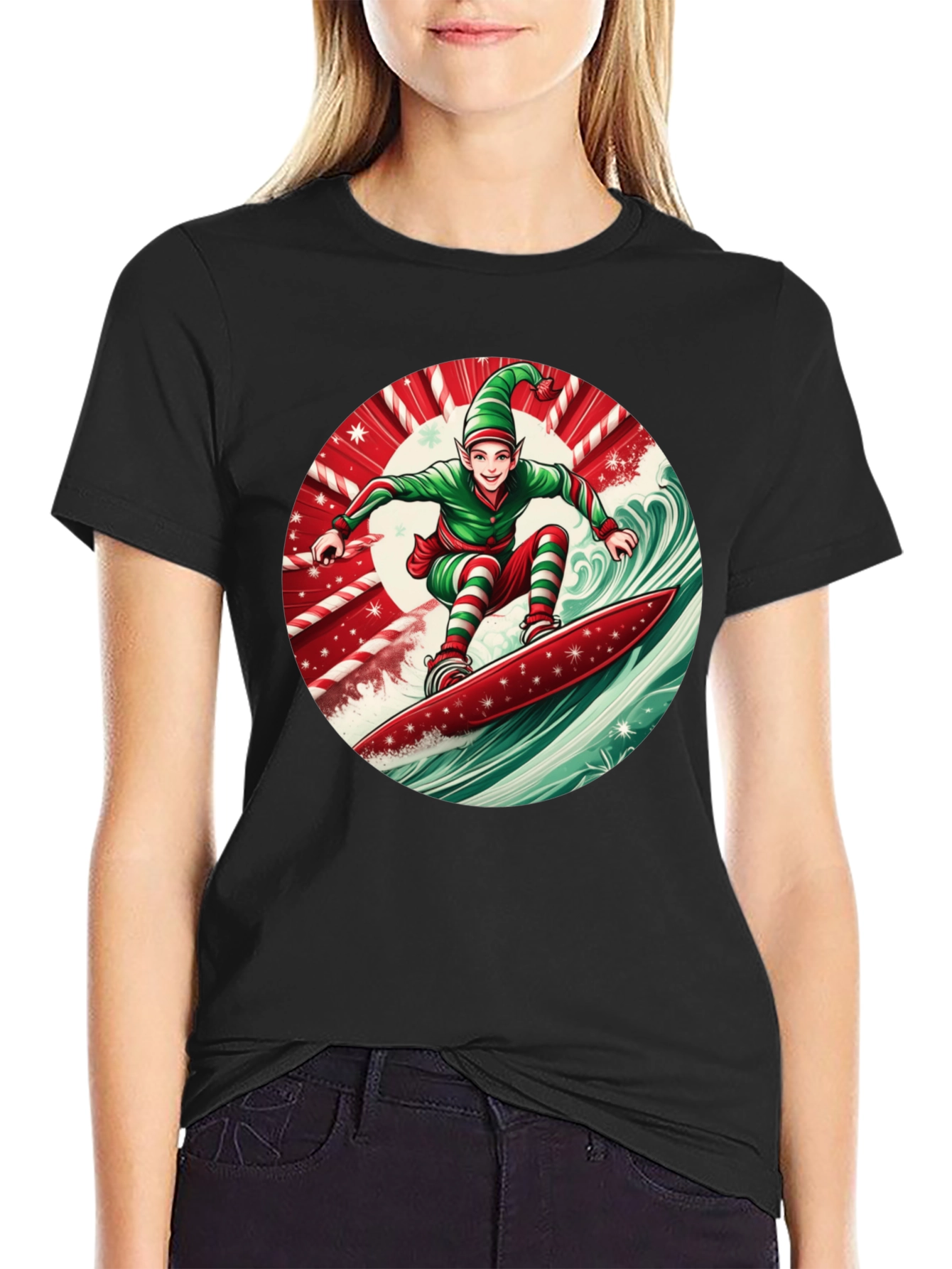 Christmas Elf Surfing T-Shirt Holiday Festive Tee