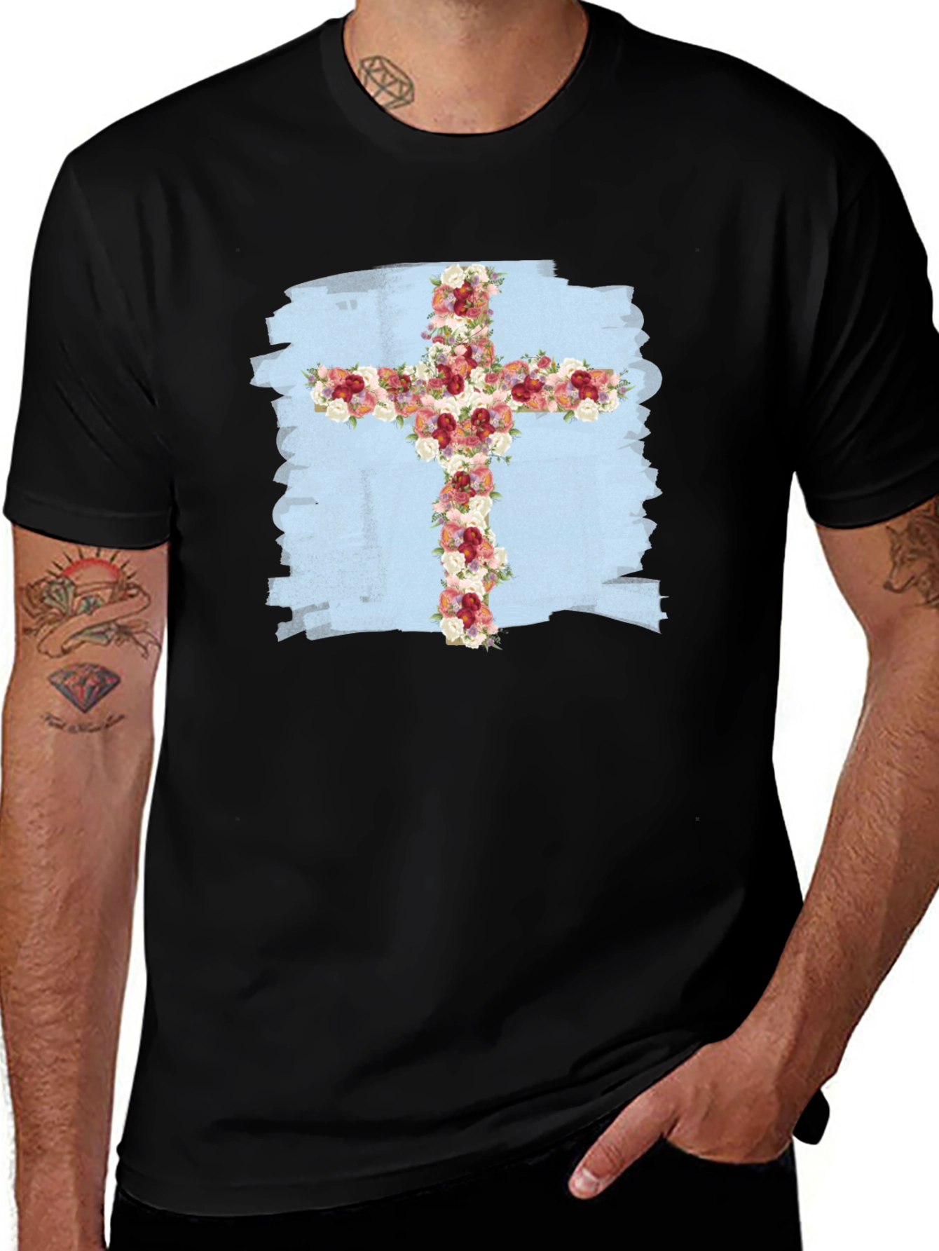 Floral Cross Graphic T-Shirt - Stylish Christian Tee