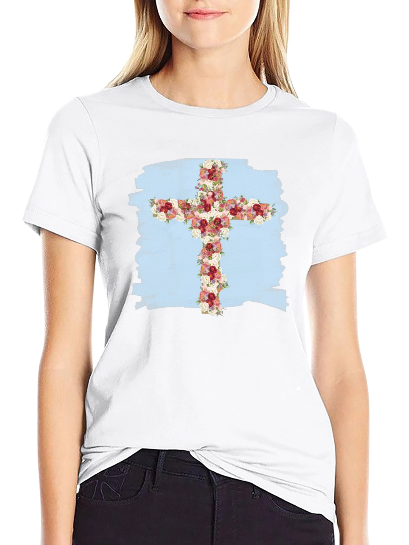 Floral Cross Graphic T-Shirt - Stylish Christian Tee