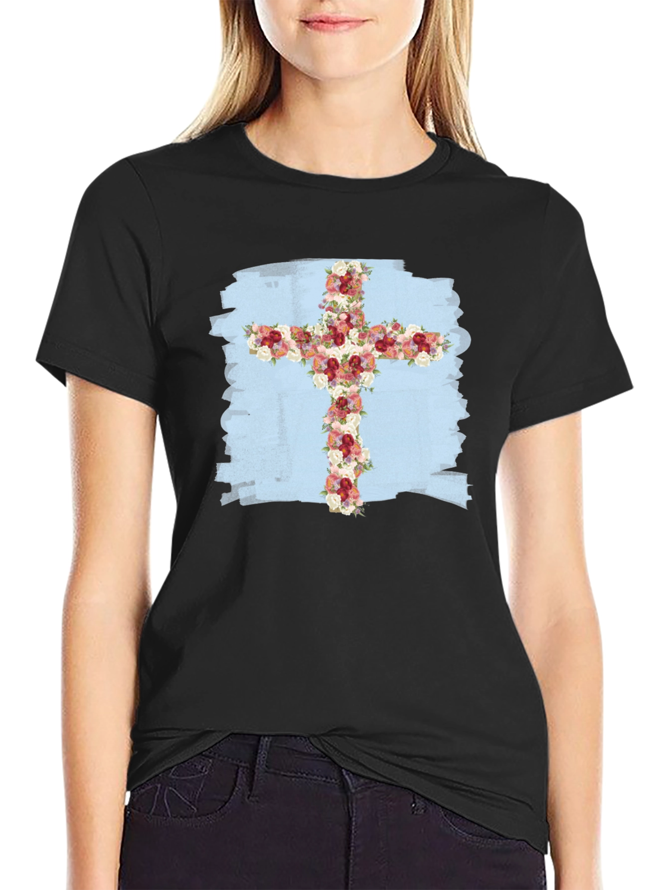 Floral Cross Graphic T-Shirt - Stylish Christian Tee