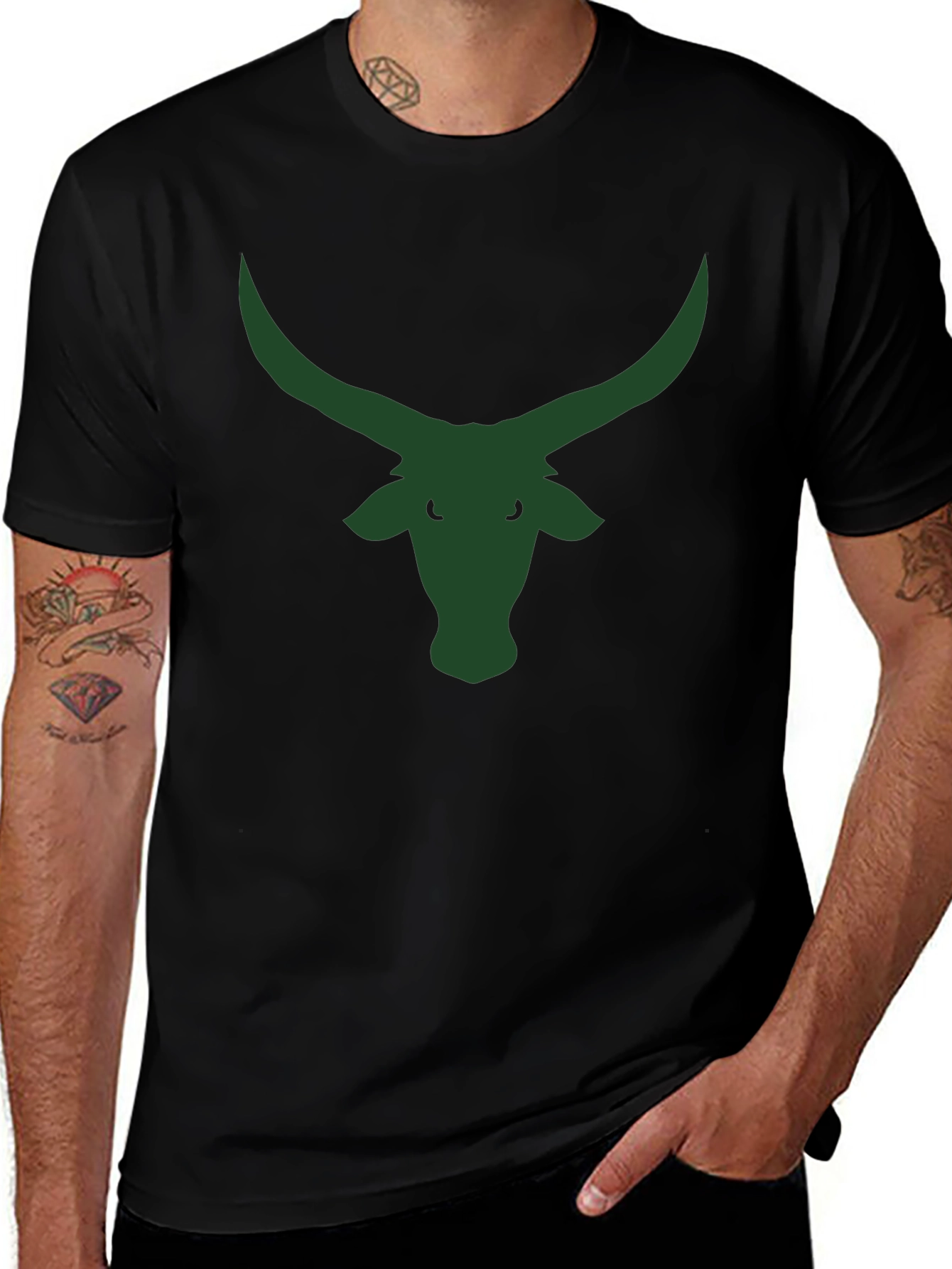 Black T-Shirt with Green Bull Horns Graphic