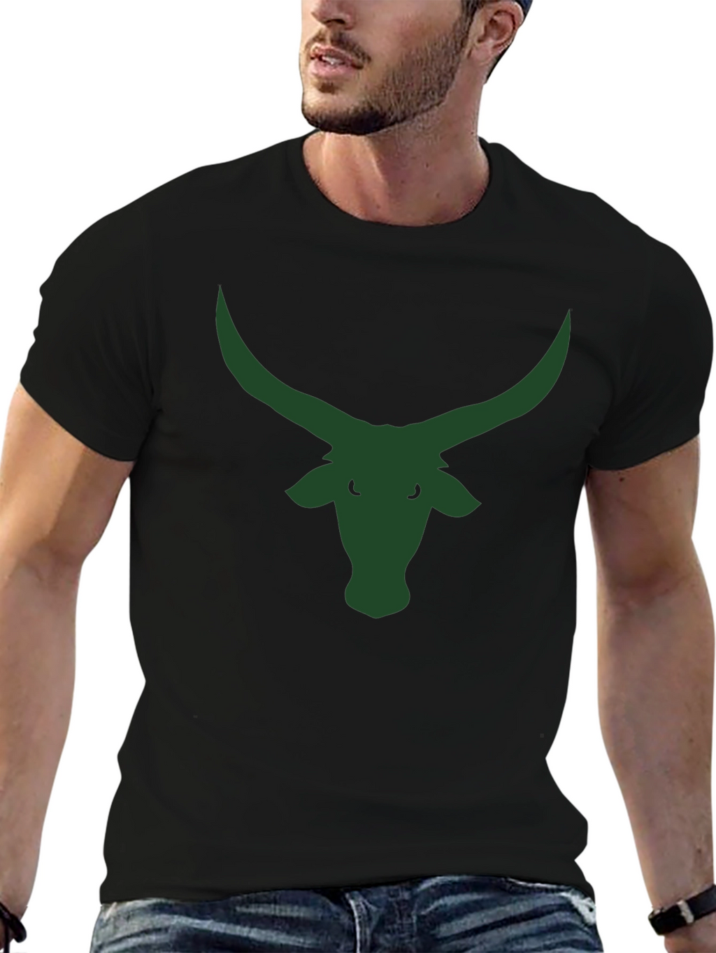 Black T-Shirt with Green Bull Horns Graphic