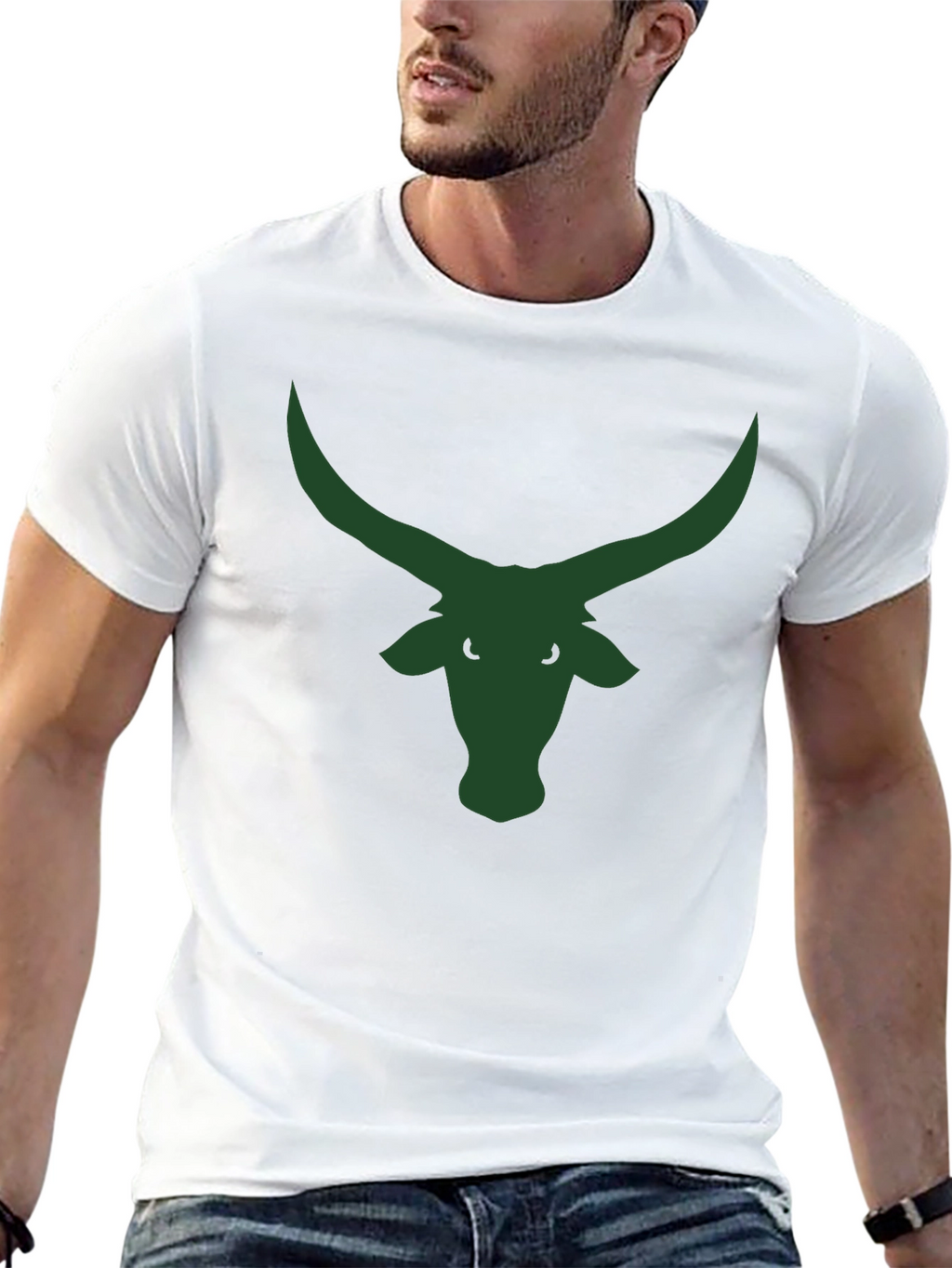Black T-Shirt with Green Bull Horns Graphic