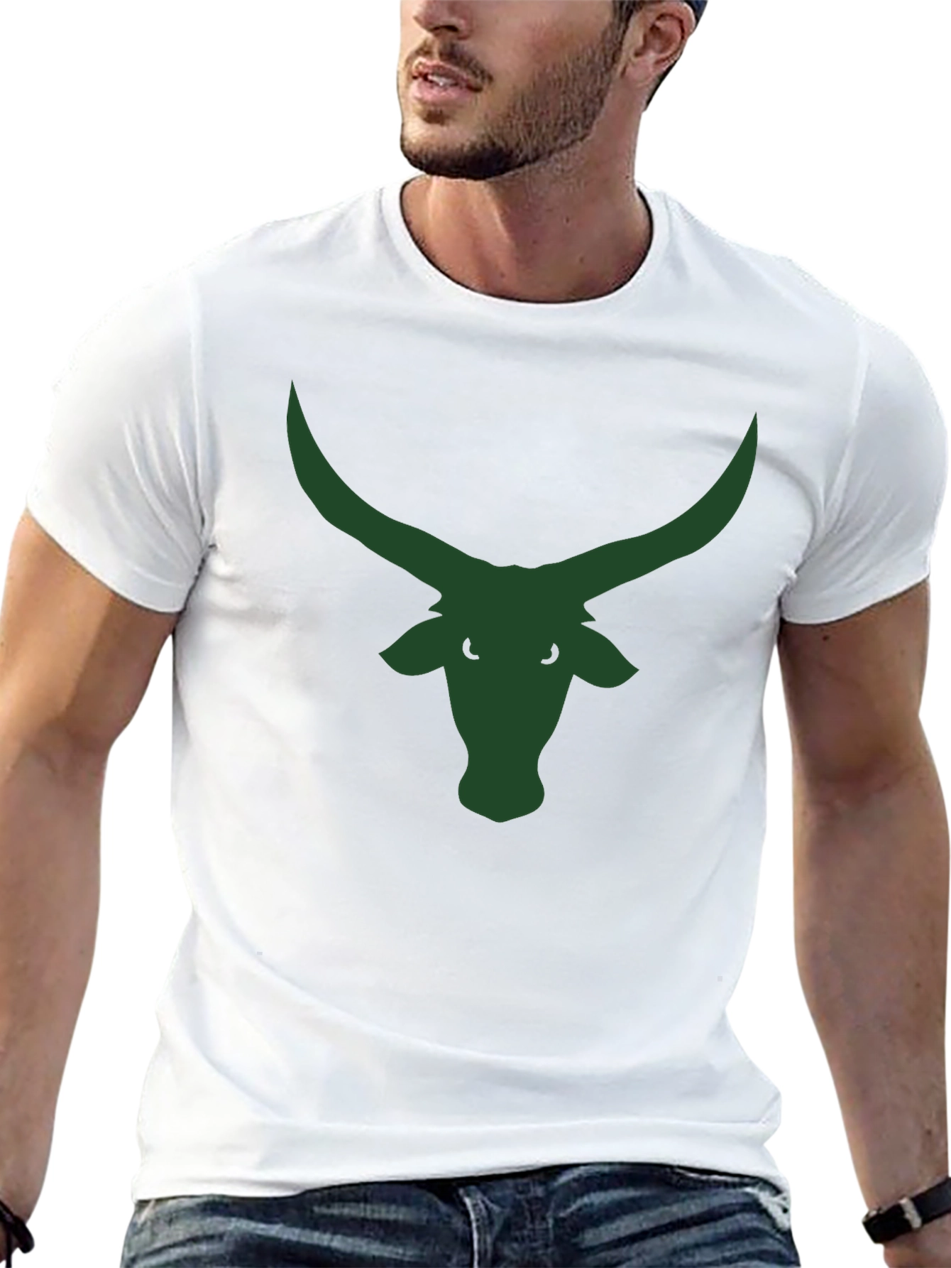 Black T-Shirt with Green Bull Horns Graphic