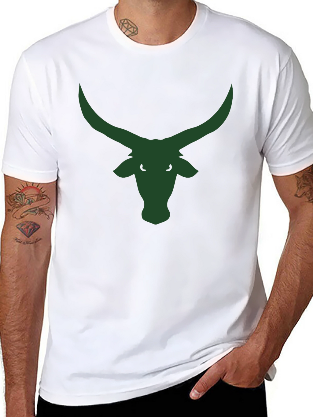 Black T-Shirt with Green Bull Horns Graphic