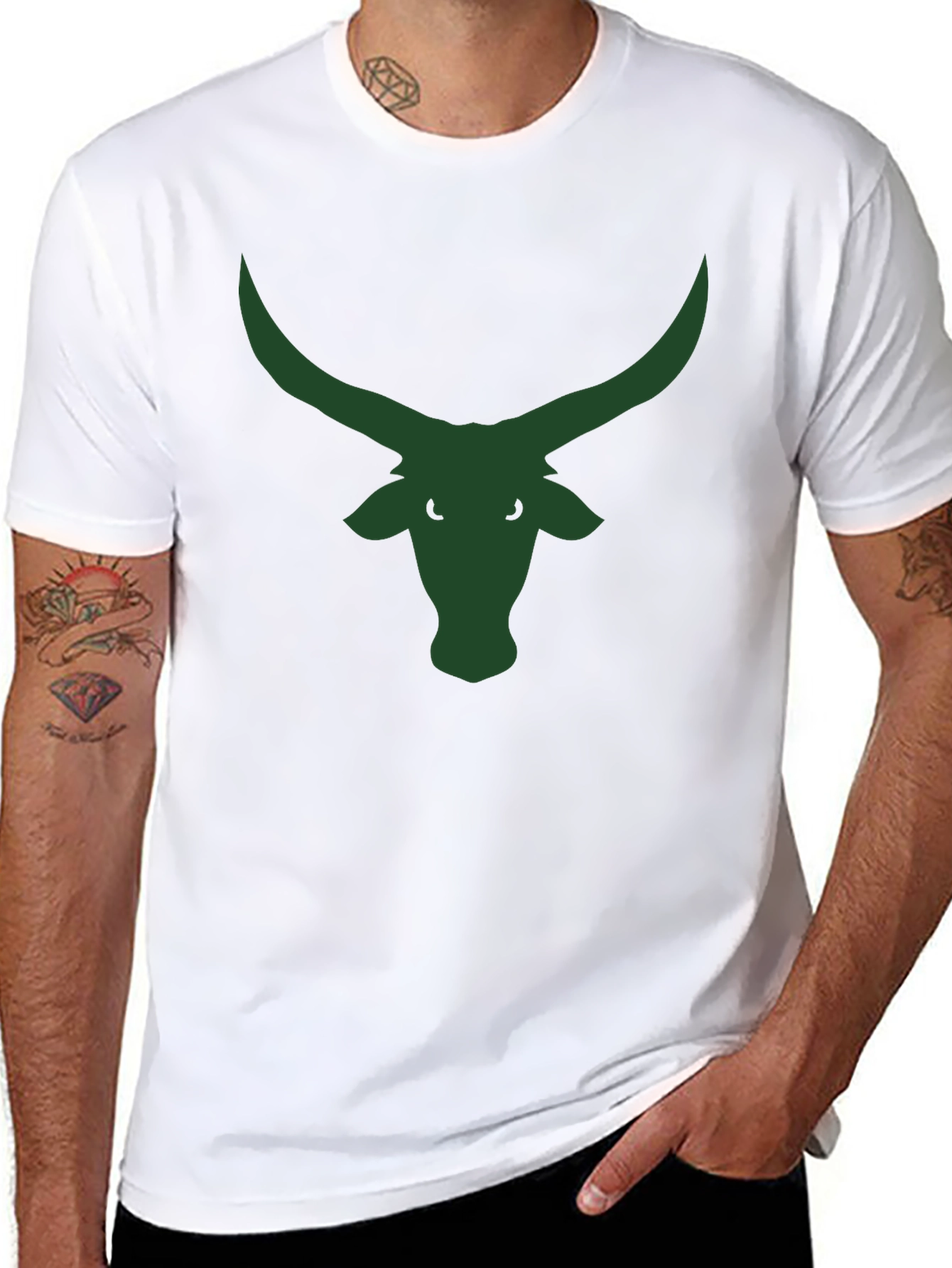 Black T-Shirt with Green Bull Horns Graphic