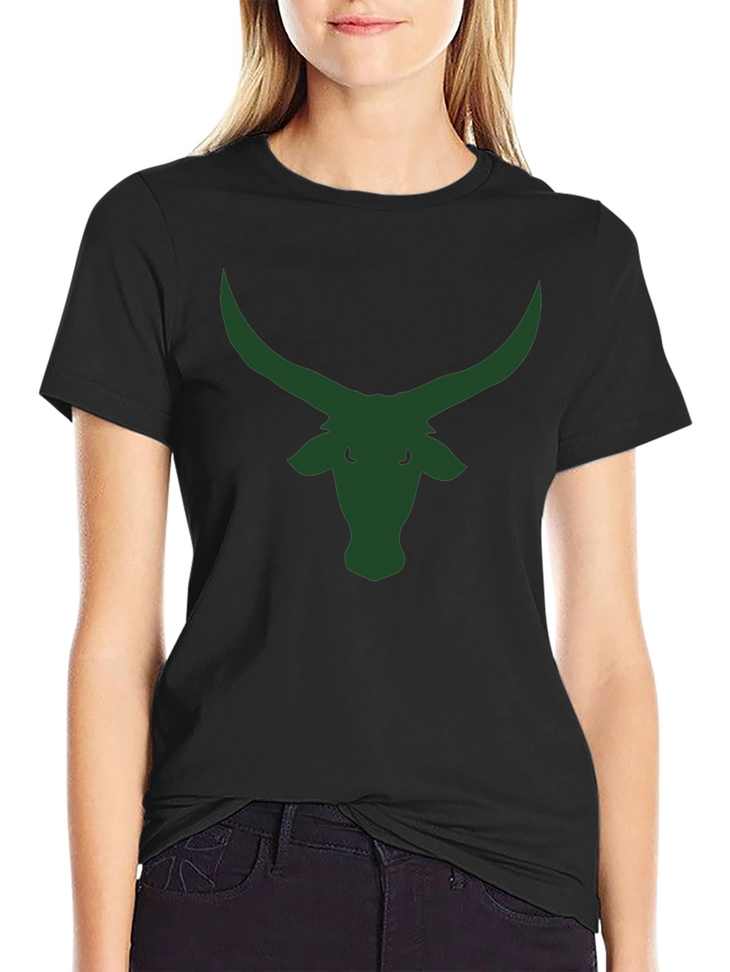 Black T-Shirt with Green Bull Horns Graphic