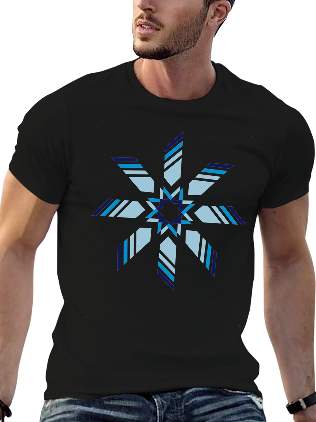 Geometric Snowflake Graphic Print Black T-Shirt