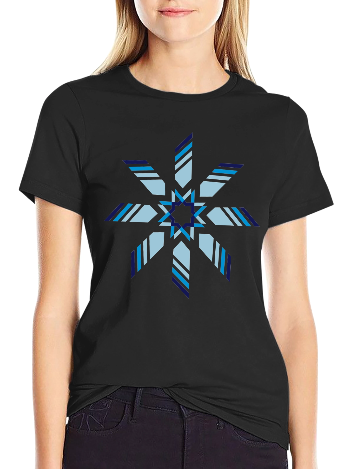 Geometric Snowflake Graphic Print Black T-Shirt