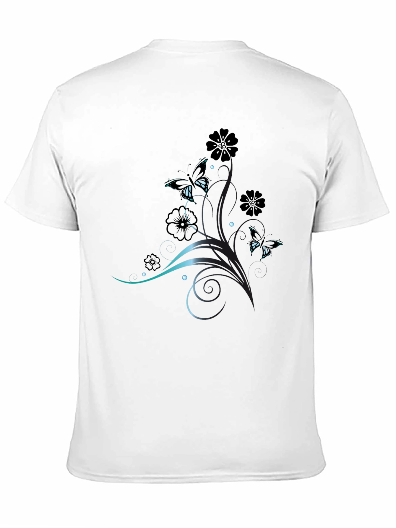 Elegant Butterfly Floral Print Black T-Shirt