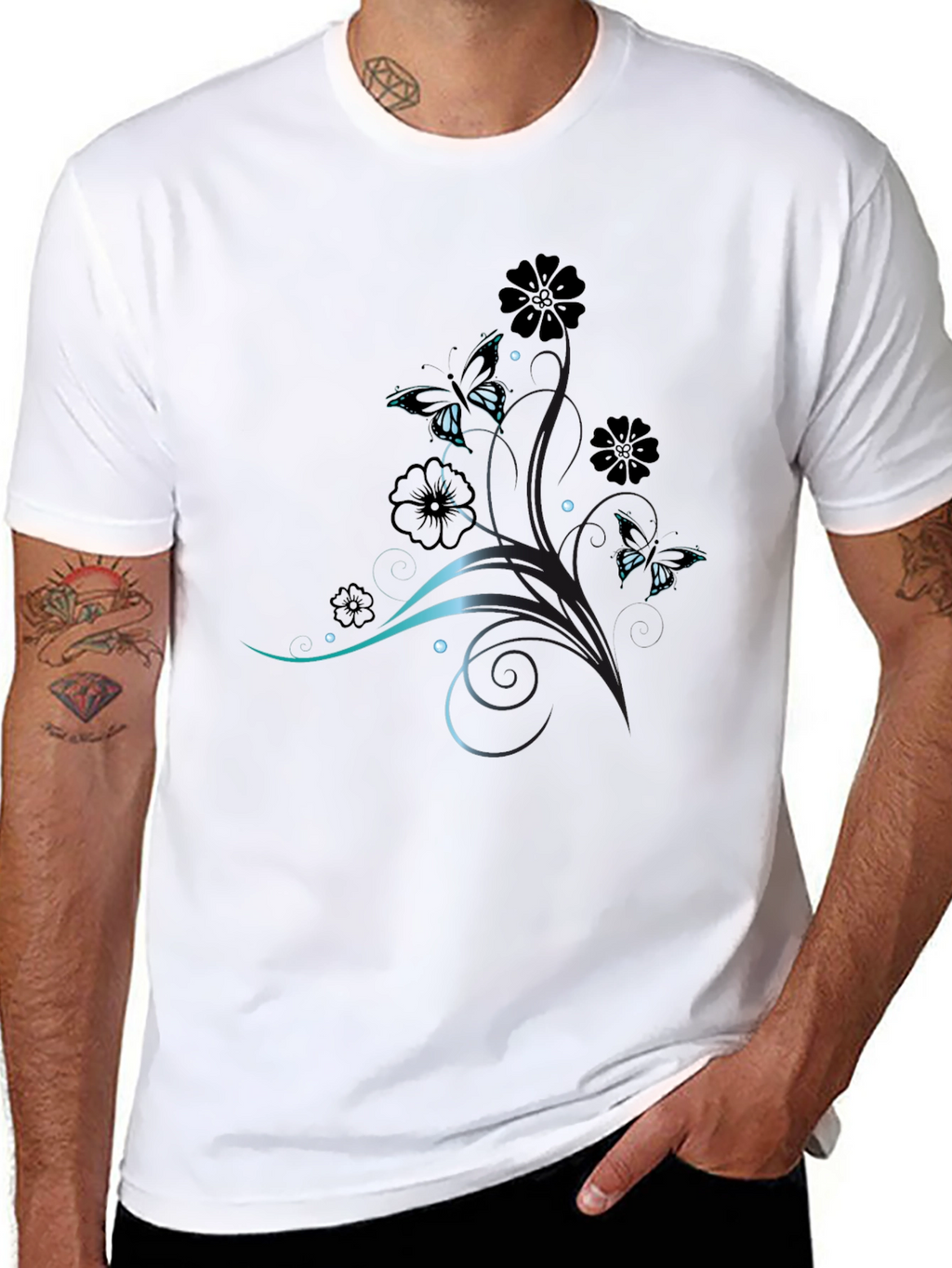 Elegant Butterfly Floral Print Black T-Shirt