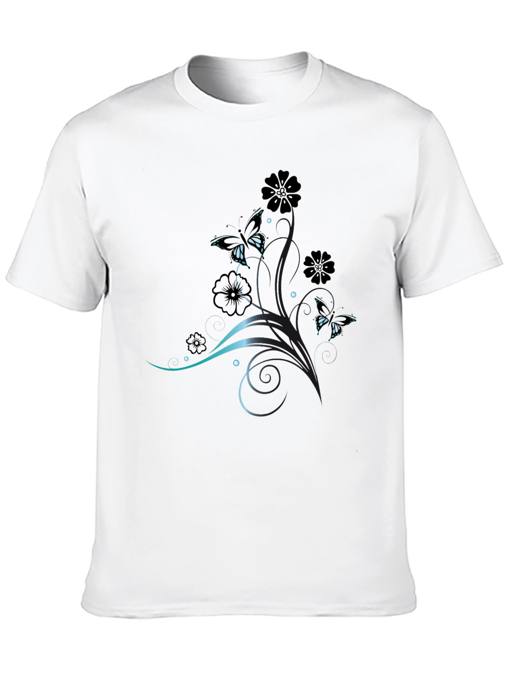 Elegant Butterfly Floral Print Black T-Shirt
