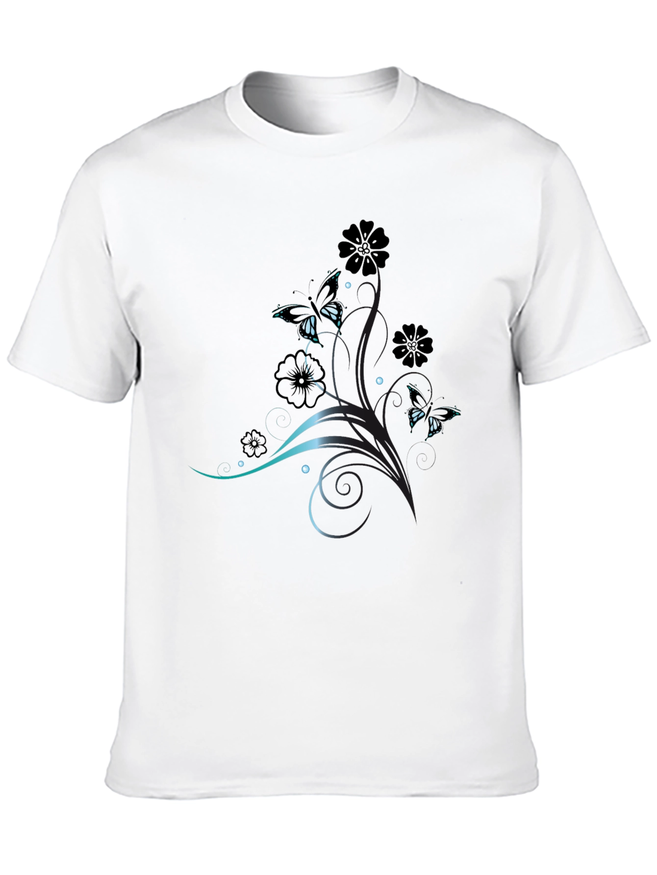 Elegant Butterfly Floral Print Black T-Shirt