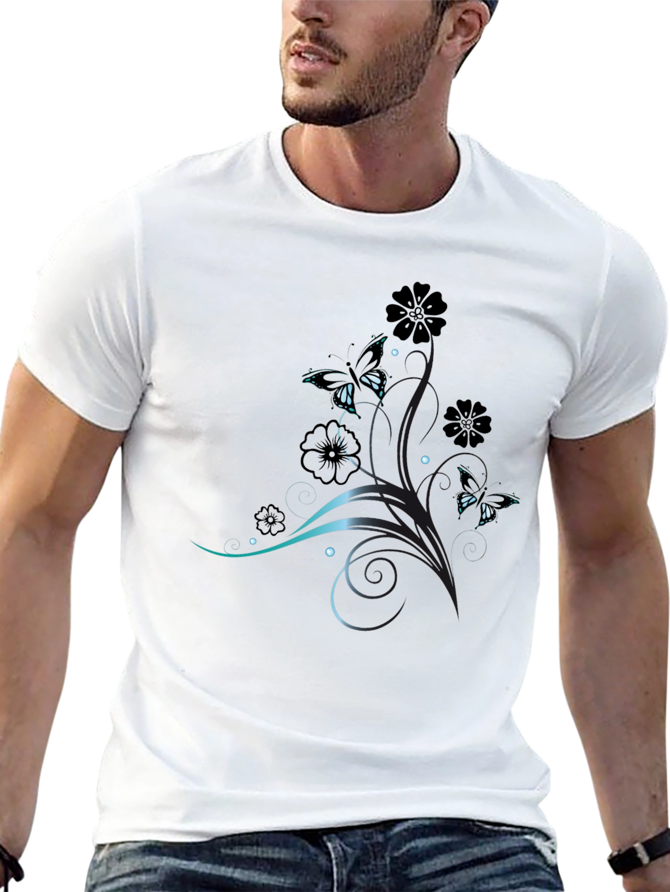 Elegant Butterfly Floral Print Black T-Shirt
