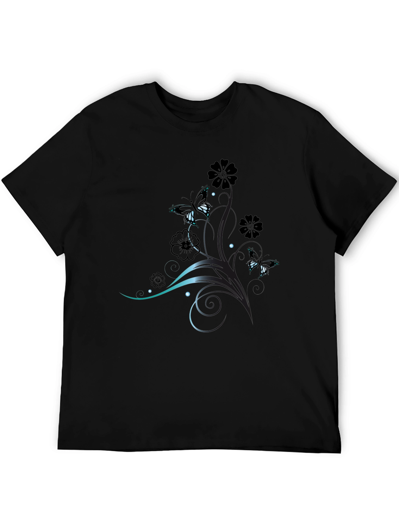 Elegant Butterfly Floral Print Black T-Shirt