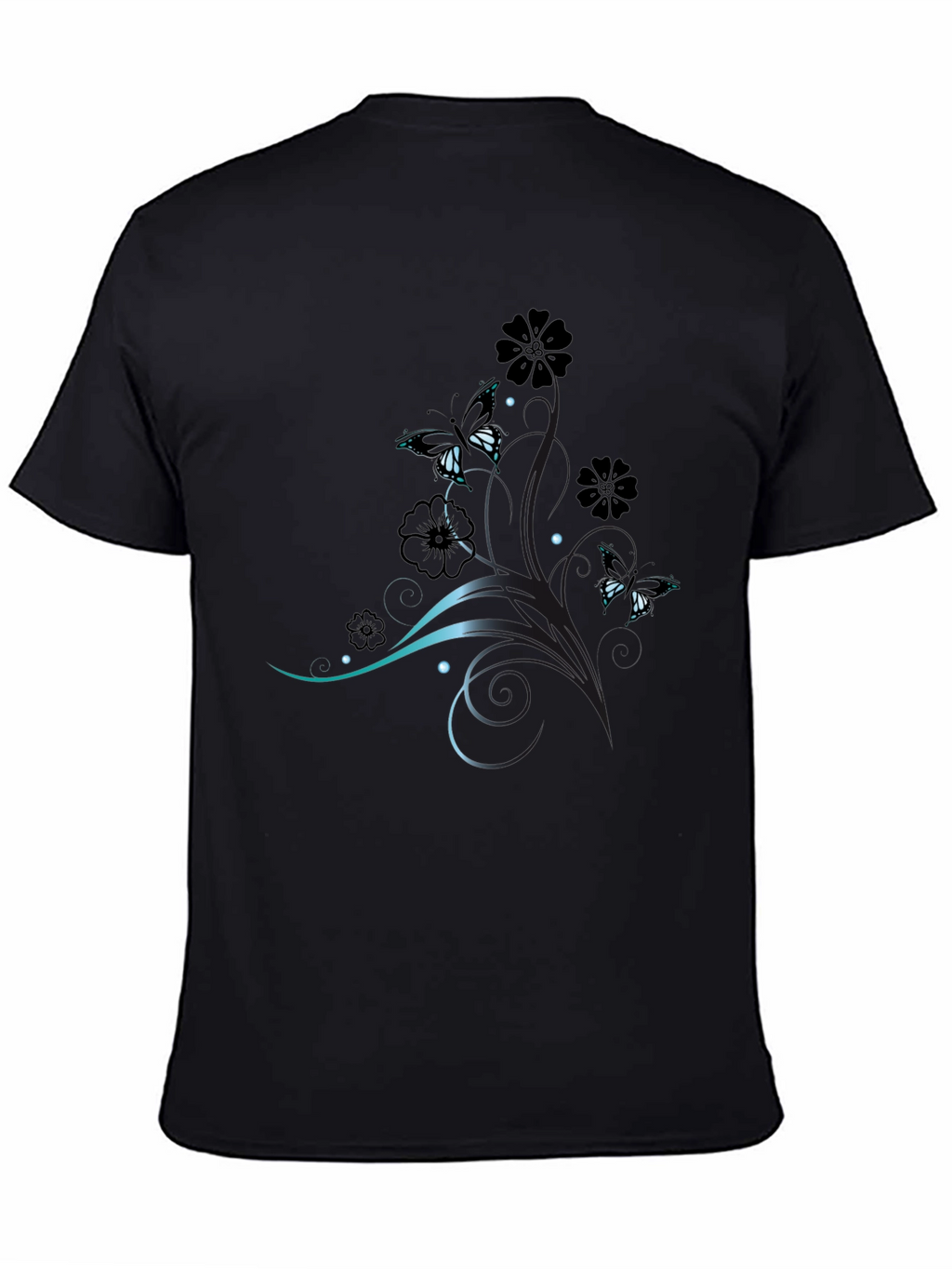 Elegant Butterfly Floral Print Black T-Shirt