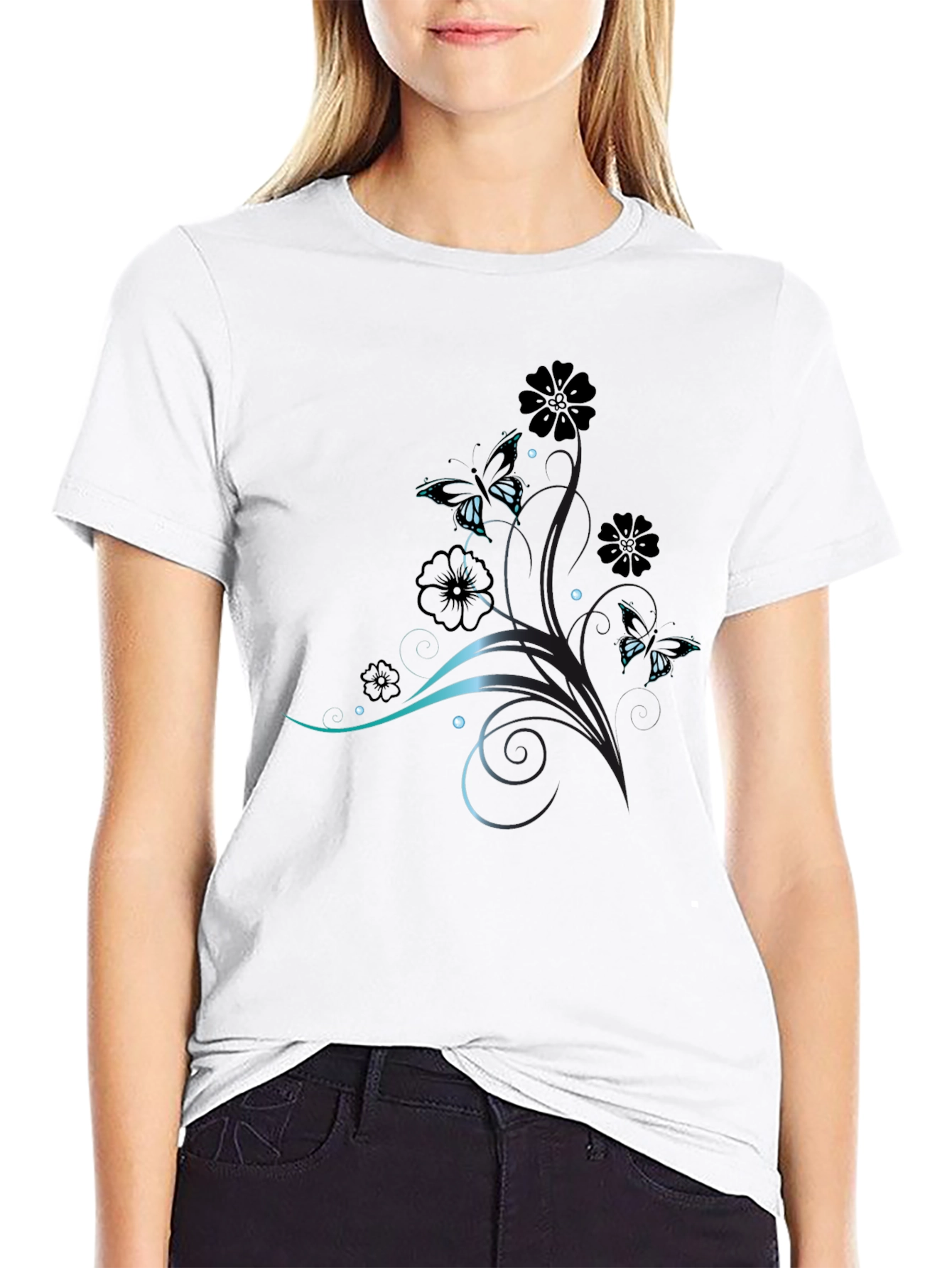 Elegant Butterfly Floral Print Black T-Shirt